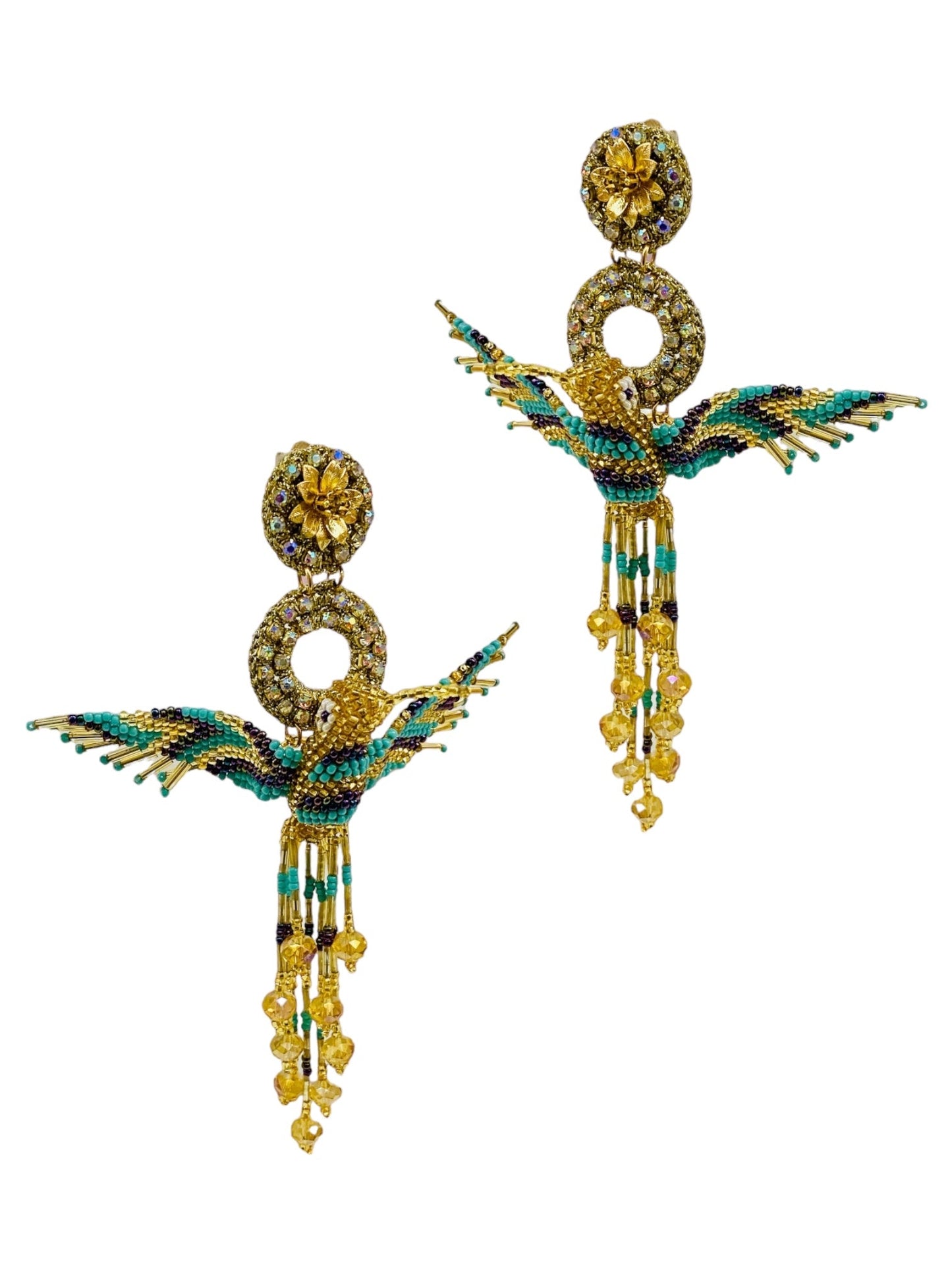 Aretes Colibrí tótem turquesa y dorado