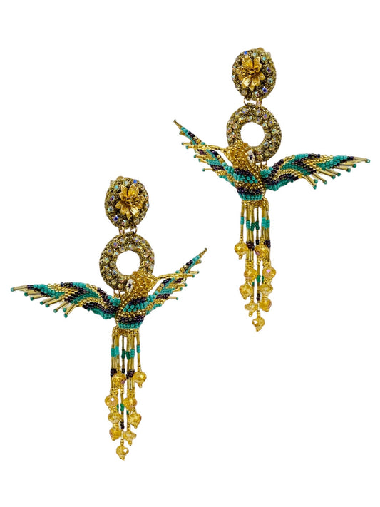 Aretes Colibrí tótem turquesa y dorado