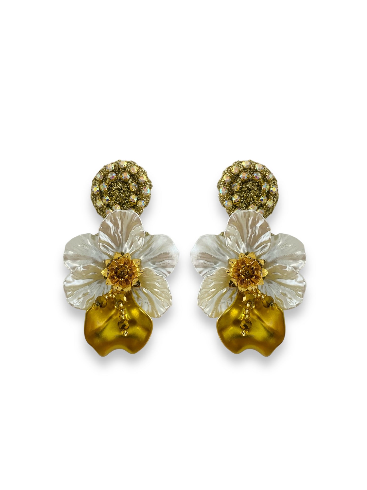 Aretes flor del Espíritu Santo pétalo blanco y dorado