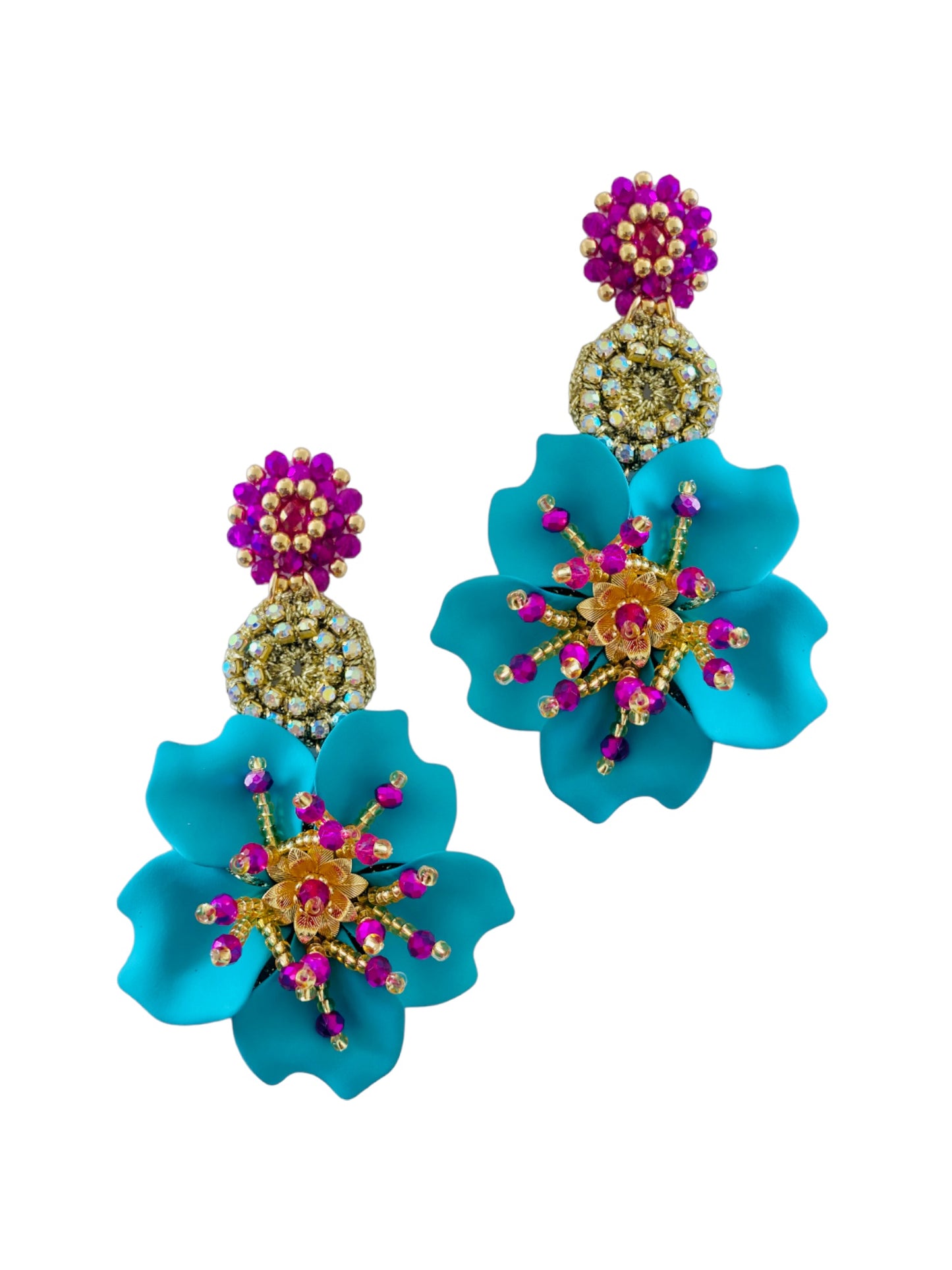 Aretes Amalia largos turquesa con fucsia