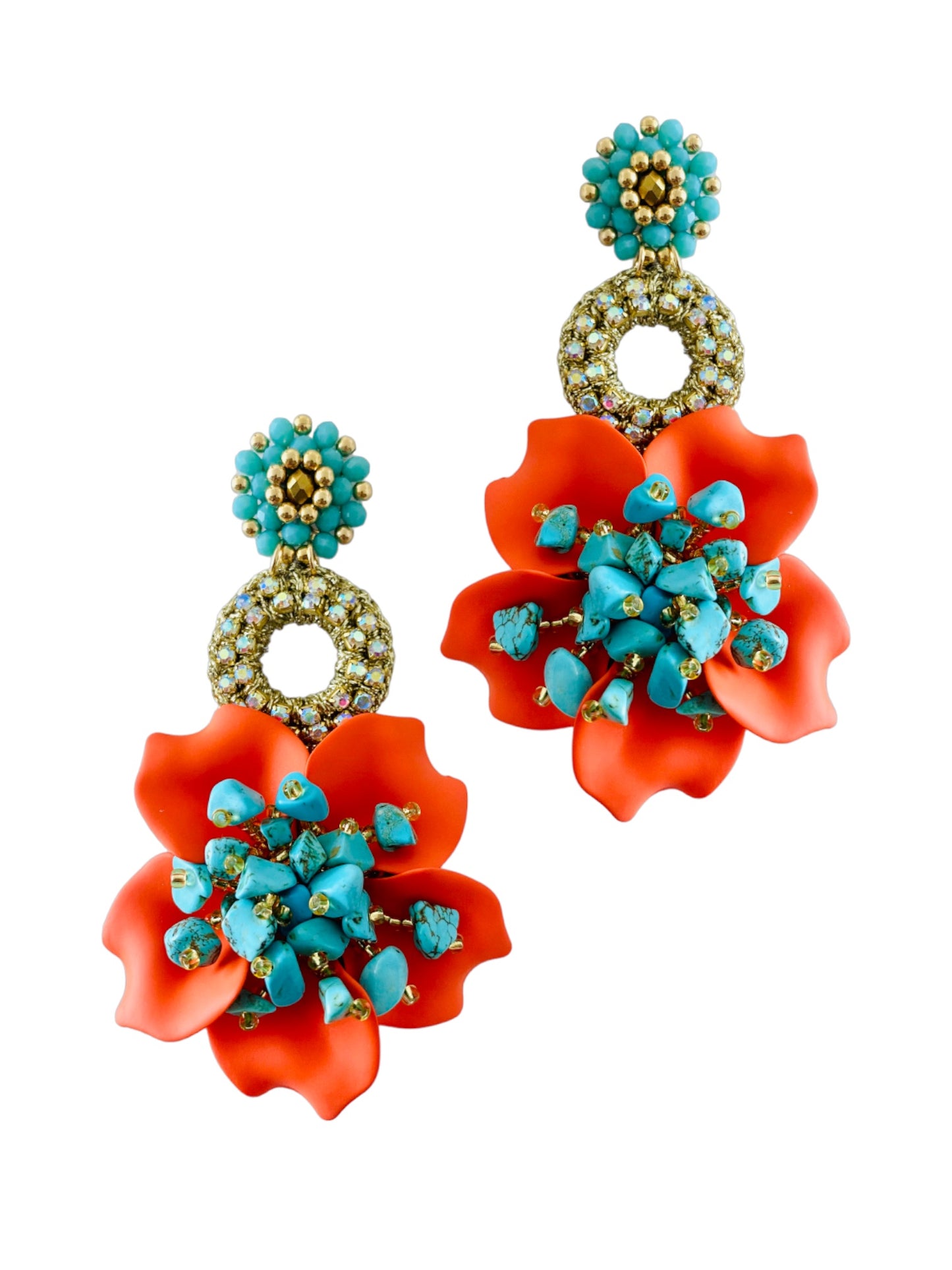 Aretes Amalia largos naranja y turquesa