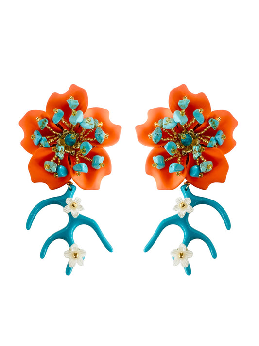 Aretes la isla de las flores Amalia coral en naranja y turquesa