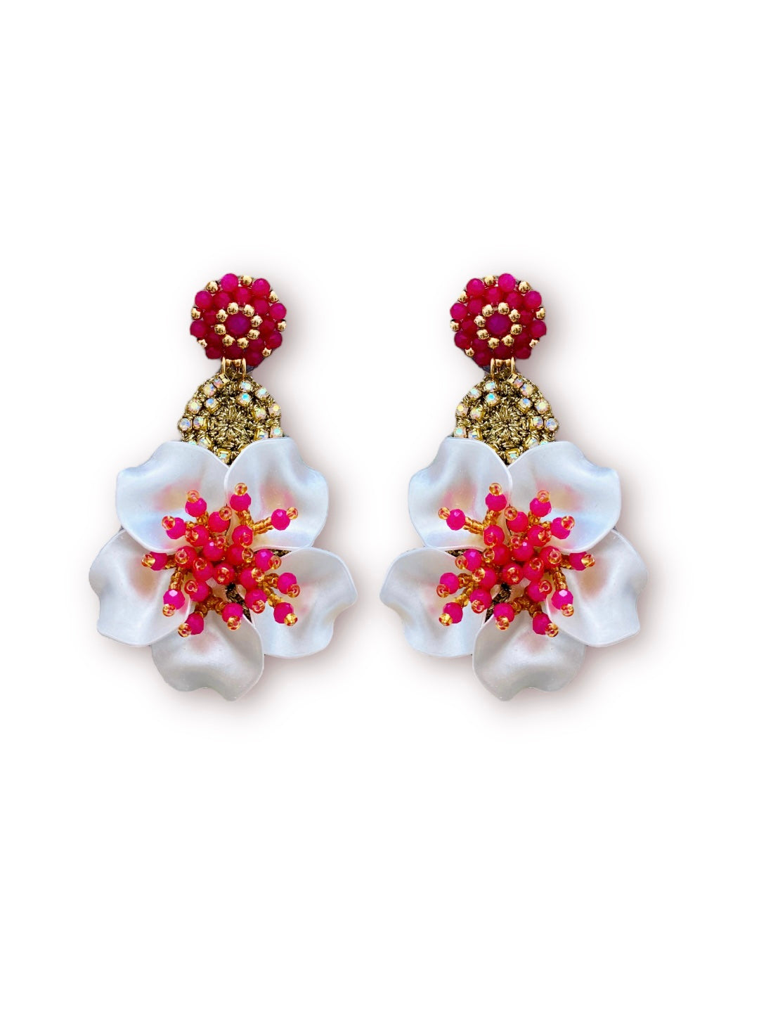 Aretes Amalia largos blanco con fucsia